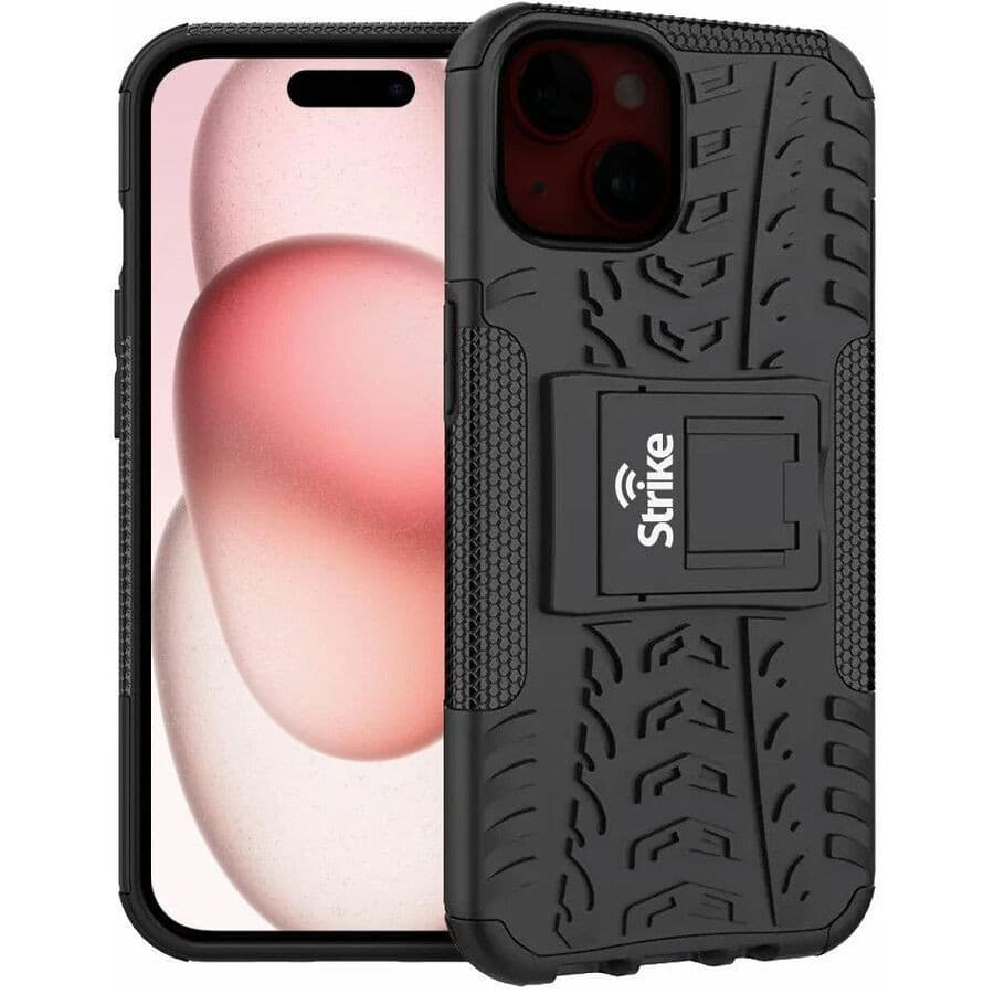 Strike Rugged Case for Apple iPhone 15 Smartphone - Rubberized Design Texture - Black