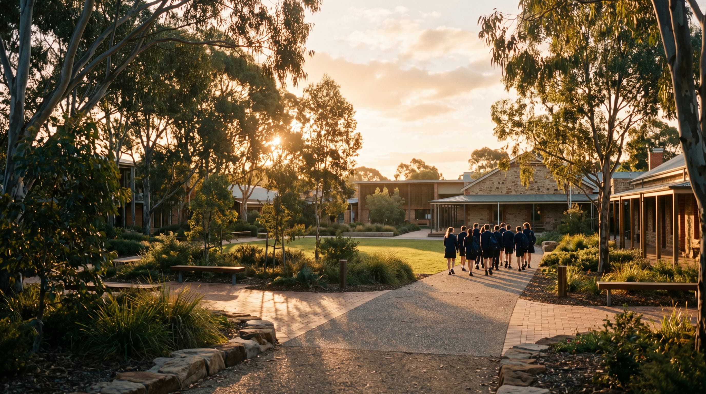 An Australian school campus courtyard at golden hour, students walking in the distance
