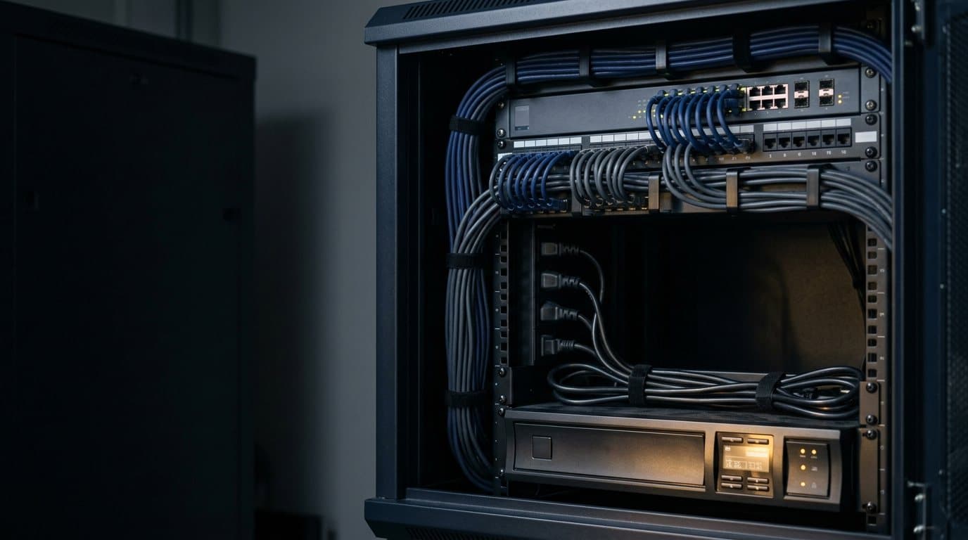 An open comms cabinet with a rack-mounted UPS and PDU