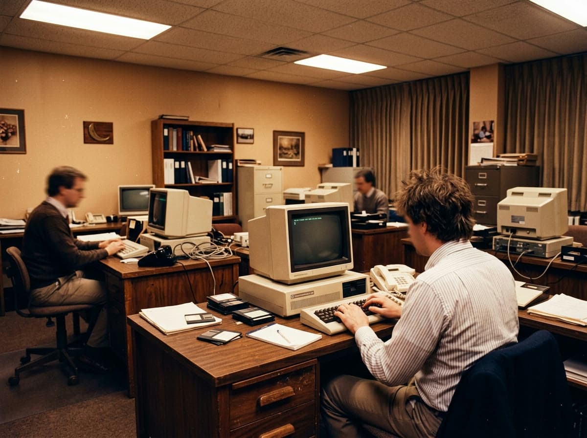 An archival photograph of a 1980s Australian office computing scene