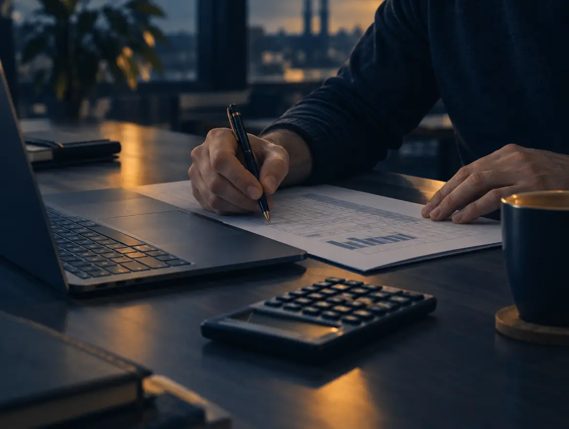 Hands filling in a printed worksheet next to a laptop and calculator