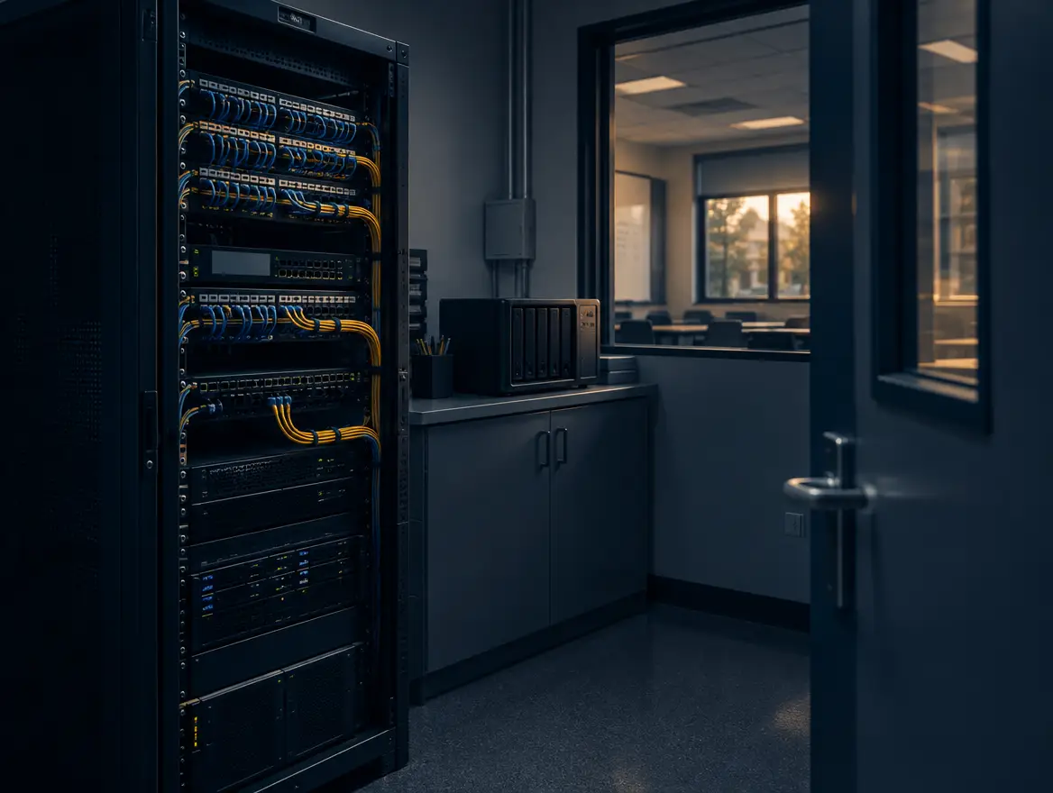 School comms room with a labelled network rack and backup storage unit
